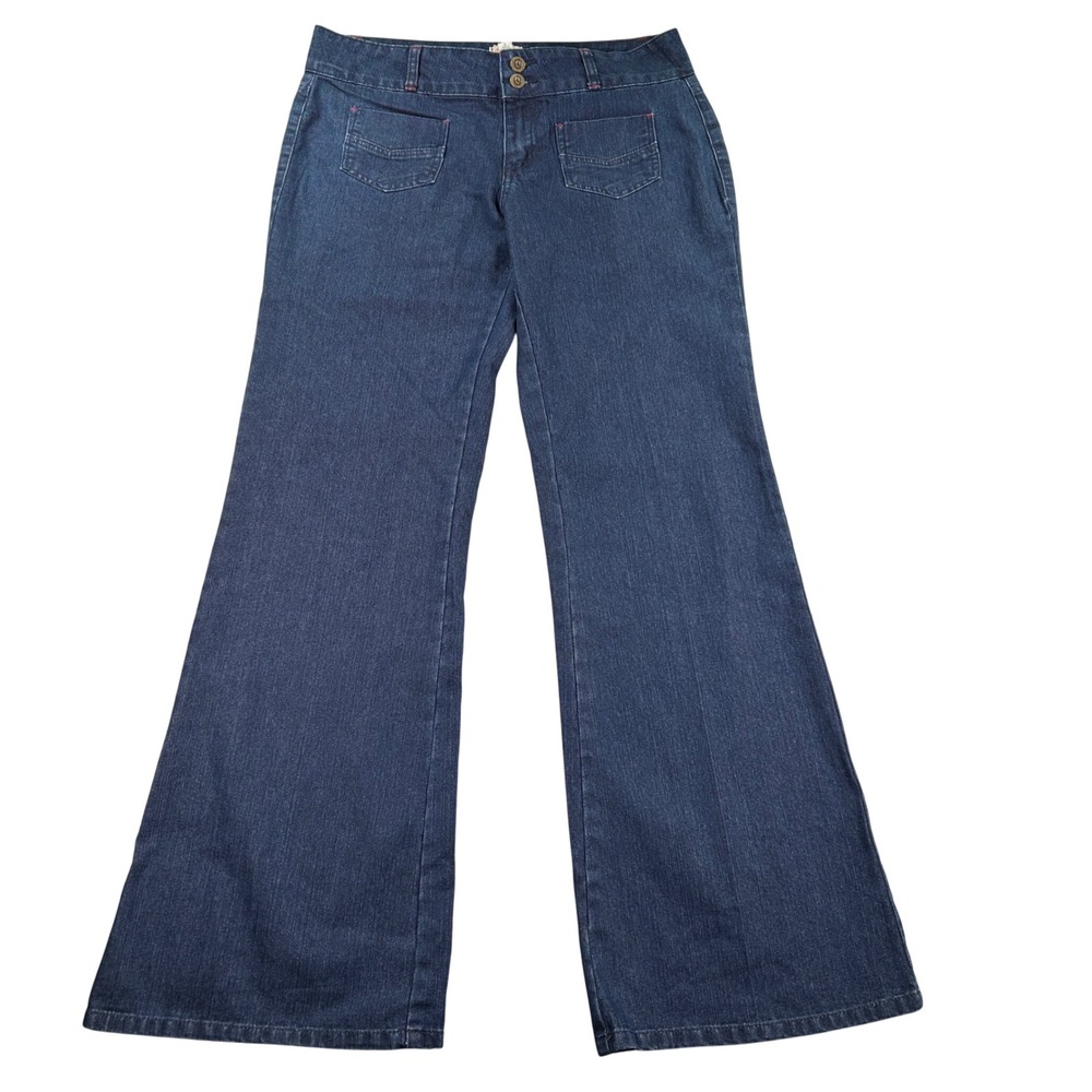 Wide Leg Flare Jeans Denim Peace Button  Size 11 Blue Y2K Retro Boho‎ Festival